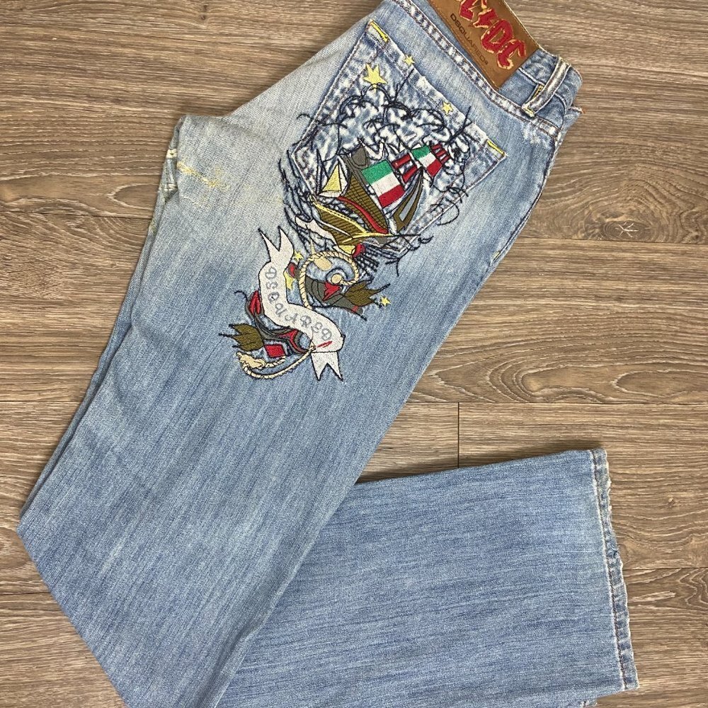 Authentic Dsquared 2 Distressed Straight Leg Embroidery Jeans Size 31